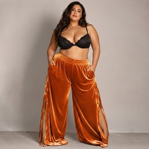 Pantalones de terciopelo para mujer, talla grande, con corte de pierna ancha ajustable, estilo sexy para discoteca, con cordón de ajuste. - Product Image 4