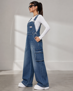 <b>Women's</b> Denim Overalls Mid Waist Regular Fit Breathable Stonewashed Cargo Pockets Formal Style Summer Wear Cheap Price Wholesale - Product Image 2