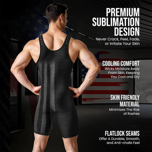 Combinaison de lutte noire pour homme, ajustée, en spandex et polyester, anti-humidité, imprimé drapeau américain, vêtements de sport de combat - Product Image 3