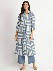 Geometric Print <b>Maxi</b> <b>Dress</b> Turn-down Collar Three Quarter Sleeve Loose Fit Woven <b>Linen</b> Cotton Casual Daily Wear Breathable - Product Image 4