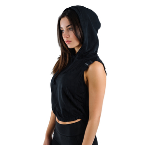 Haut court à capuche sans manches pour femme, imprimé avec logo sur le devant, 100 % coton molletonné respirant, personnalisable, automne-été, décontracté - Product Image 3