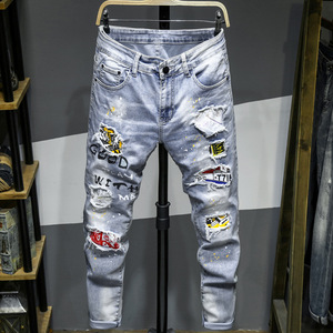 Jean slim homme en denim patchwork délavé style streetwear en coton mi-lourd pour l'automne - Product Image 3