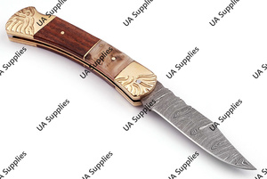 Couteau de poche pliant en acier Damas, gravé à la main, avec manche en laiton, cor de bélier et bois de rose, personnalisable OEM/ODM, couteau de camping, faibles MOQ - Product Image 4