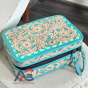 High Quality <b>Tooled</b> Genuine Cowhide <b>Leather</b> Zipper Closure Durable Storage Box Western Style Jewelry Organizer Cases for Women - Product Image 1