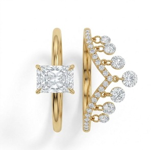 Custom Jewelry 14K Solid <b>Gold</b> Radiant-Cut Lab Grown Diamond Engagement <b>Ring</b> <b>Set</b> with Dangle Droplet Chevron Fringe Stacking <b>Ring</b> - Product Image 4