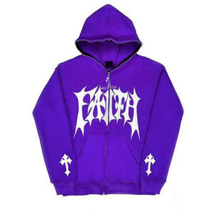 Micah Corporation Custom New Gothic <b>Zip</b>-<b>Up</b> Unisex Black Cotton Knitted Oversized Winter Hoodie <b>White</b> Letter Logo Cross Print - Product Image 4