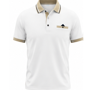 Polo blanc pour homme avec col beige et poche poitrine, manches courtes, coupe classique, décontracté, en coton tricoté respirant - Product Image 1