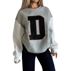 <span class=keywords><strong>Sudadera</strong></span> Oversize de Cuello Redondo para Mujer, <span class=keywords><strong>Gris</strong></span> y Blanco <span class=keywords><strong>con</strong></span> Bloques de Color, Letra D Bordada, Hombros Caídos, Manga Larga, Otoño - Product Image 1