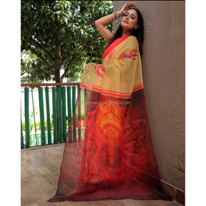 ผ้าลินินพิมพ์ลายดิจิตัลชุดส่าหรีสีเหลืองและสีแดงชุดปาร์ตี้ - Product Image 3