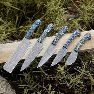 Juego de Cuchillos de Chef de Acero de Damasco Hechos a Mano de Alta Calidad con Funda de Cuero, Juego de Cuchillos de Chef Industriales OEM de 5 Piezas - Product Image 4