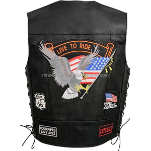 MH <b>Men's</b> <b>Black</b> Leather Biker <b>Vest</b> With Patch Designs And Adjustable Side Laces For Motorcycle Riding - Product Image 3