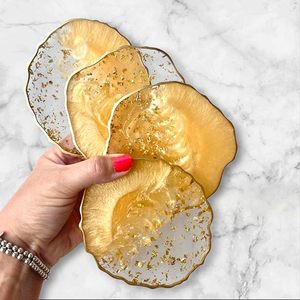 Glam <b>Epoxy</b> <b>Resin</b> Coaster Set Round Gold Leaf Design Non Slip Mats Non-Toxic Eco-Friendly Luxury for <b>Table</b> Decoration - Product Image 2