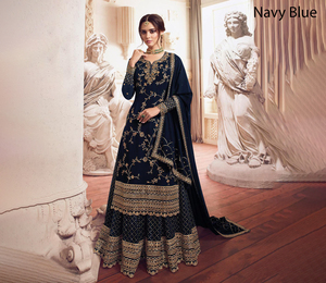 Vêtements ethniques traditionnels indiens pakistanais de qualité supérieure robe Sharara cousue pour femmes en Georgette lourde avec travaux de broderie - Product Image 1
