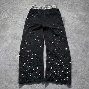 Custom High Waist Black Wide Leg Pants With Pearl Decoration Ripped Distressed Street Style Men's Trousers <b>Elastic</b> Waist By SHY - Product Image 2