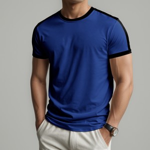 T-shirt à manches courtes pour homme, coupe classique, couleur unie, bordure contrastée, col rond, décontracté, tricoté en polyester, écologique, logo sur le devant - Product Image 4