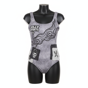 Maillot de bain une pièce pour femme, tissu extensible premium en polyester et élasthanne 200 GSM, gris, motif graphique, logo personnalisé - Product Image 4