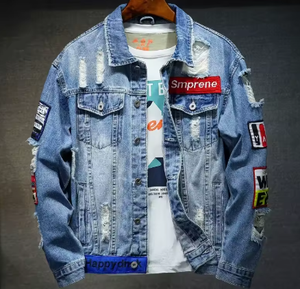 <b>Mens</b> <b>Denim</b> <b>Jacket</b> Casual Turndown Collar Ripped Patchwork Design Single Breasted Autumn Style Regular Fit - Product Image 1