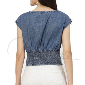 Vente flash : haut court en jean formel pour femmes, respirant, manches courtes, matière de haute qualité, automne - Product Image 3