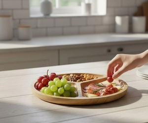 Round Wooden Divided 3 Section <b>Snack</b> <b>Tray</b> Ash Wood Serving Platter Rustic Portable Catering Charcuterie Board - Product Image 3
