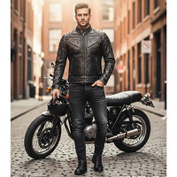 Blouson de moto en cuir véritable noir pour homme avec motif flamme en relief, col montant, fermeture éclair, coupe ajustée, style motard