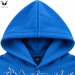 Sudadera con capucha unisex de forro polar azul grueso con pedrería, bordado gráfico gótico y borde sin rematar, al por mayor - Product Image 5