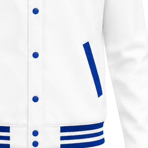 Custom <b>White</b> and Royal Blue Varsity Jacket with Striped Ribbed Collar Cuffs Hem Greek Letter Embroidery and Crest Logo Collegiat - Product Image 6