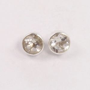 Ajuste de bisel de cuarzo de cristal blanco, pendientes hechos a mano de piedras preciosas redondas de Plata de Ley 925 para mujer, joyería de pendientes ligeros - Product Image 1