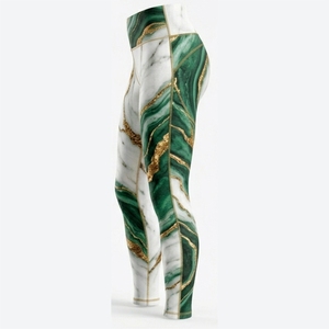Leggings taille haute pour femmes, longueur intégrale, imprimé marbré vert et or, tricot extensible, style sportif, toutes saisons, spandex, polyester - Product Image 3