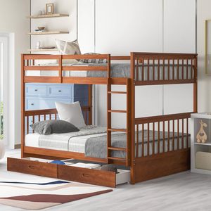 Solid Wood Convertible Bed Frame Traditional Design Full Bunk Bed with High Railing and <b>Safety</b> <b>Ladder</b> Drawers - Product Image 1
