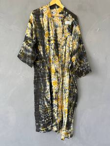 Bata Kimono de Algodón Teñido a Mano con Cuello en V para Mujer, Bata Larga Estilo Bohemio, Kimono de Algodón Colorido, Cubierta Ligera para Playa - Product Image 3