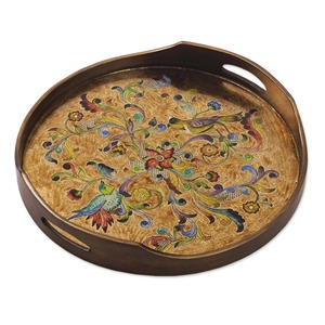 Plateau décoratif ovale en bois avec motif floral et oiseaux, design bohème, artisanat en bois fait main avec poignée, pour la décoration de la maison - Product Image 6