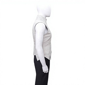 Chaleco Corto Asimétrico de Cuero Genuino Blanco, Cortavientos, con Cuello Alto |   Chaleco estilo motero de doble botonadura - Product Image 2