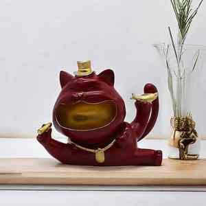 Cendrier de luxe en forme de chat porte-bonheur, statue Maneki Neko en résine rouge et or, figurine décorative pour la maison, accessoire de table pour fumeurs - Product Image 1
