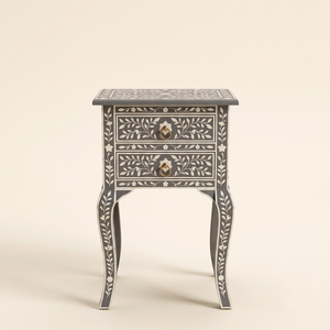 Handmade Modern Eco-Friendly Bone Inlay <b>Grey</b> Nightstand Table with 2 Drawers Bone Inlay Furniture Bedroom <b>Storage</b> <b>Unit</b> - Product Image 1