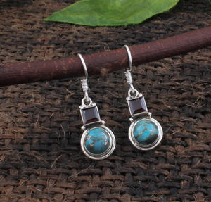 Pendientes de Cobre Azul Natural con Turquesa y Granate Rojo, Plata de Ley 925, Pendientes Colgantes Azules Mohave, Fabricante Mayorista de Joyería - Product Image 1