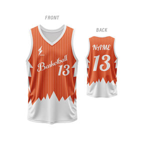Conjunto de Uniforme de Baloncesto Personalizado, Naranja y Blanco, Impresión Sublimada, Cuello en V, Sin Mangas, Malla Transpirable, 100% Poliéster, Unisex, Adulto, Deportivo - Product Image 4