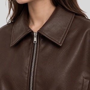 New Arrival Custom Brown Leather <b>Jacket</b> For <b>Women</b> <b>Zip</b> <b>Up</b> Collar Waist Belted Long Sleeve Outerwear Casual <b>Women</b> Crop <b>Jacket</b> - Product Image 6