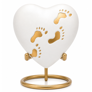 White Foot print Brass Engraved Heart <b>Keepsake</b> Pet Cremation Urn with Stand European Style Eco-Friendly Ashes <b>Memorial</b> - Product Image 1