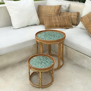 Natural rattan <b>table</b> with mother-of-pearl inlay. Beautiful garden cafe <b>table</b>, <b>balcony</b> tea <b>table</b>. - Product Image 3