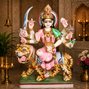 White Marble Goddess Durga Idol on Tiger | Pink Attire, Jewelled Crown and Sacred Weapons by MALIYAS Jaipur - Product Image 1