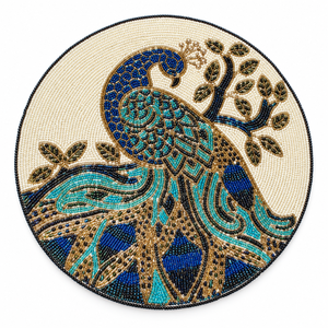 Set de table en verre perlé Royal Peacock avec plumes bleu turquoise et dorées |   Nappe de table décorative élégante pour une décoration de table de luxe - Product Image 1