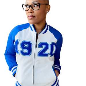 Zeta Phi Beta 1920 <b>White</b> Blue Varsity Fleece <b>Jacket</b> Chenille Number Embroidery Greek Women Bomber Ribbed Cuff Premium Fit - Product Image 6