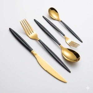 <b>Gold</b> Mirror Polish Flatware Set 4-Piece Dinner Fork Knife Spoon Modern <b>Black</b> Handle Design Elegant 4 Piece <b>Gold</b> Flatware Service - Product Image 1