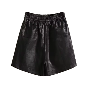 High <b>Waist</b> Black PU Leather Shorts Women <b>Elastic</b> <b>Waist</b> Skinny Fit Breathable Light Moto Biker Style Pockets Solid Color Short - Product Image 1