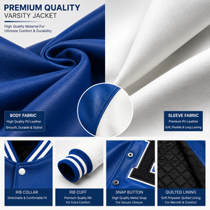 OEM Custom Baseball Letterman <b>Jacket</b> Blue & White with Chenille Embroidery PU Leather Sleeves Snap Button Closure Unisex <b>Jacket</b> - Product Image 5
