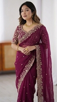 Sari en soie violet AARA Fashion avec broderie dorée, tenue de mariage indienne traditionnelle pour femmes, longueur au sol, coupe classique