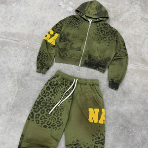 ชุดฮู้ดดี้ผู้ชายแบบซิปพิมพ์ลายเสือดาว สตรีทแวร์ ปักลายแบบกำหนดเอง 2 ชิ้น พร้อมโลโก้ OEM แบบกำหนดเอง พิมพ์ลายดิจิทัลเนื้อผ้าหนา - Product Image 1
