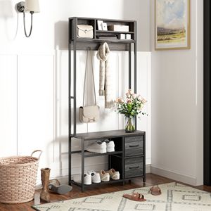 Porte-manteau d'entrée 5-en-1 avec 3 étagères de rangement, 2 tiroirs en tissu, banc et rangement à chaussures, gris - Product Image 2