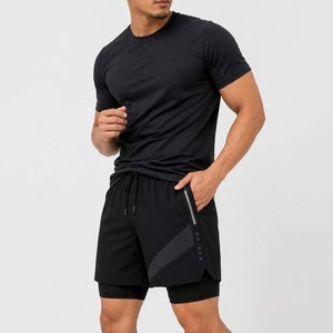 Men Sport Shorts Black Solid Color Blocked Side Stripe Quick Dry Drawstring Waist <b>Mid</b> Length Knitted Polyester Double <b>Layer</b> - Product Image 2