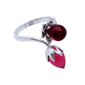 Bague ouverte en argent sterling 925 massif, motif floral en forme de goutte d'eau rouge, bijoux fins, Memoria Jewels - Product Image 1